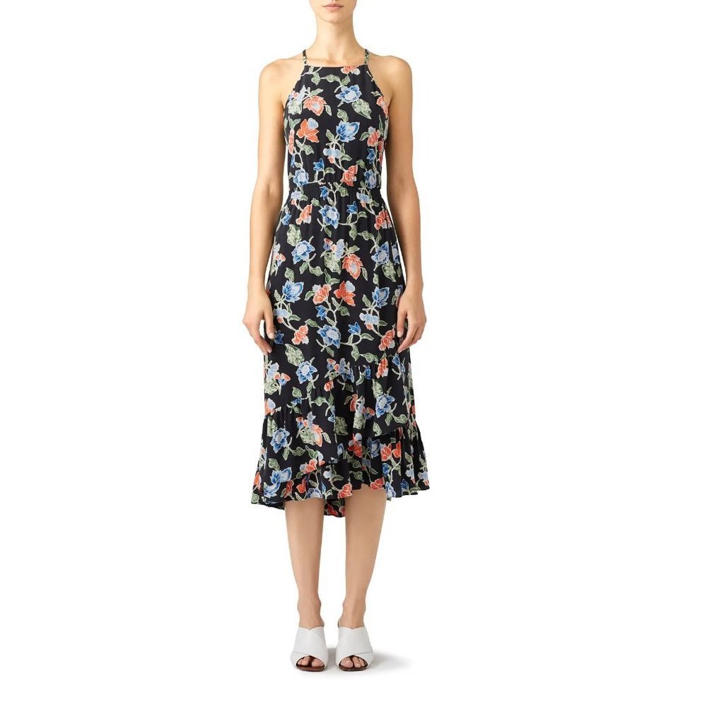 Joie Floral Deme Halter Sleeveless Elastic Waist Ruffle Hi Low Silk Dress P2991